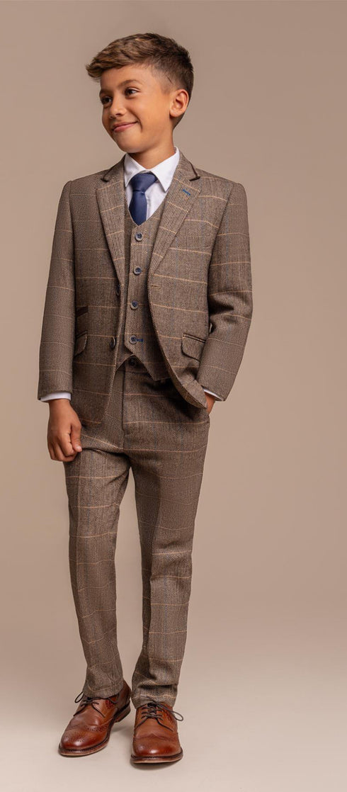 Cavani Boys Albert Brown Tweed Check 3 Piece Suit