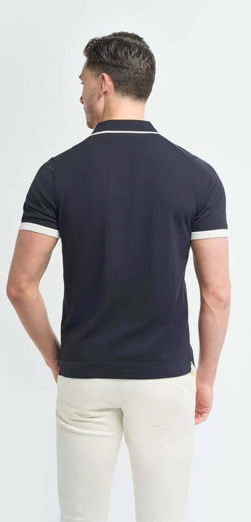Enrico Navy Open Neck Knitted Polo Shirt